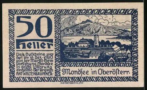 Notgeld Mondsee 1920, 50 Heller, Bootsmotiv & Landschaft mit Bergpanorama, Wappen, Seriennummer