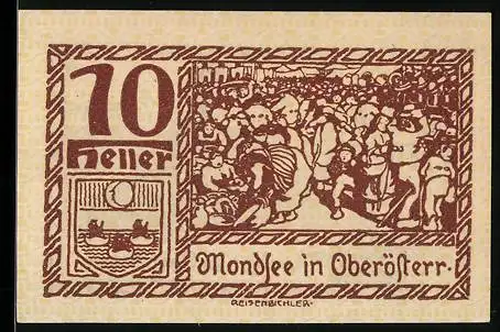 Notgeld Mondsee 1920, 10 Heller, Stadtansicht und Bauernarbeit, Wappen