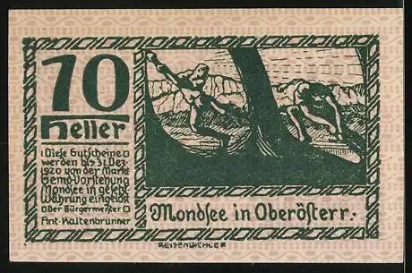 Notgeld Mondsee 1920, 10 Heller, Stadtansicht und Bauernarbeit, Wappen