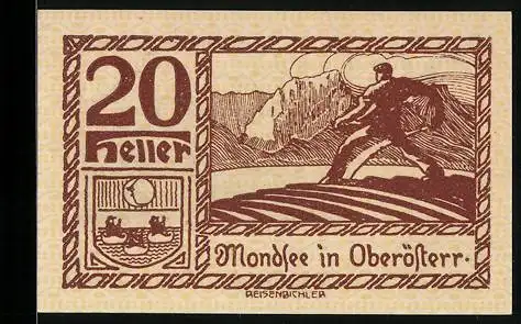 Notgeld Mondsee 1920, 20 Heller, Berglandschaft und Wanderer, Wappen integriert