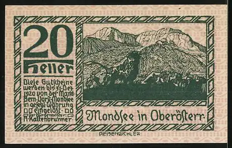 Notgeld Mondsee 1920, 20 Heller, Berglandschaft und Wanderer, Wappen integriert