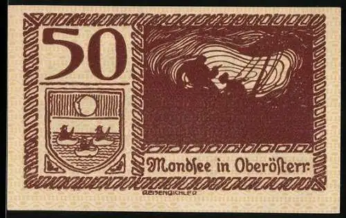 Notgeld Mondsee 1920, 50 Heller, Fischer auf See und Stadtansicht mit Berglandschaft