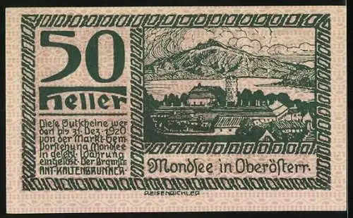 Notgeld Mondsee 1920, 50 Heller, Fischer auf See und Stadtansicht mit Berglandschaft