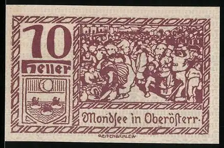 Notgeld Mondsee, 10 Heller, Bauernszene und Holzfäller, Wappen, ohne Jahr