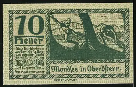 Notgeld Mondsee, 10 Heller, Bauernszene und Holzfäller, Wappen, ohne Jahr