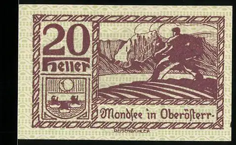 Notgeld Mondsee, 20 Heller, Landschaft und Bergsteiger in Oberösterreich, 1920