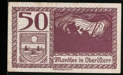 Notgeld Mondsee 1920, 50 Heller, Silhouetten und Landschaft, Wappen mit zwei Schwänen