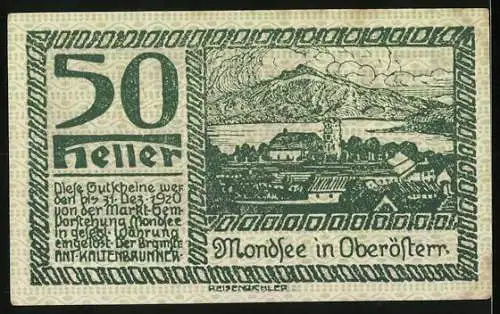 Notgeld Mondsee 1920, 50 Heller, Silhouetten und Landschaft, Wappen mit zwei Schwänen