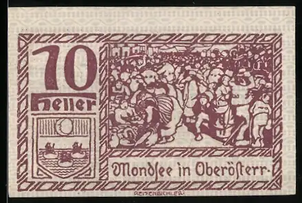 Notgeld Mondsee 1920, 10 Heller, Menschenmenge und Landschaftsszene, Wappen