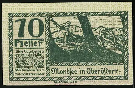 Notgeld Mondsee 1920, 10 Heller, Menschenmenge und Landschaftsszene, Wappen