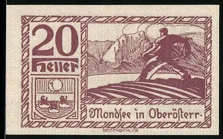 Notgeld Mondsee, 20 Heller, Bergsteiger und Berglandschaft, Wappen vorhanden