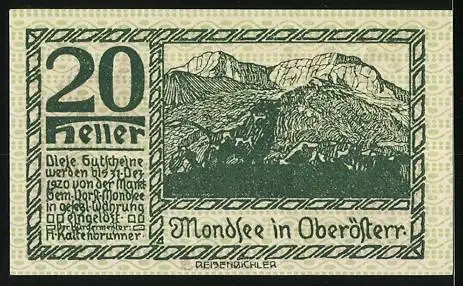 Notgeld Mondsee, 20 Heller, Bergsteiger und Berglandschaft, Wappen vorhanden