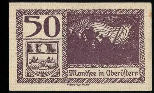 Notgeld Mondsee 1920, 50 Heller, Szene mit Wind und See, Landschaft mit Gebäuden und Bergen, Wappen inklusive