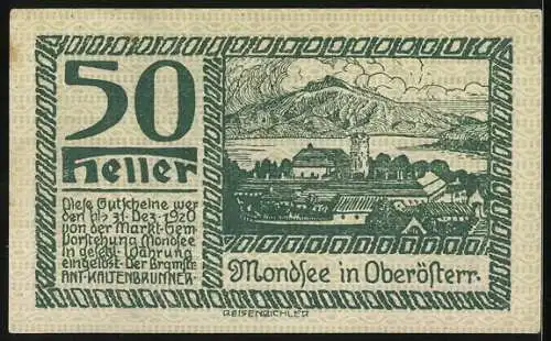 Notgeld Mondsee 1920, 50 Heller, Szene mit Wind und See, Landschaft mit Gebäuden und Bergen, Wappen inklusive