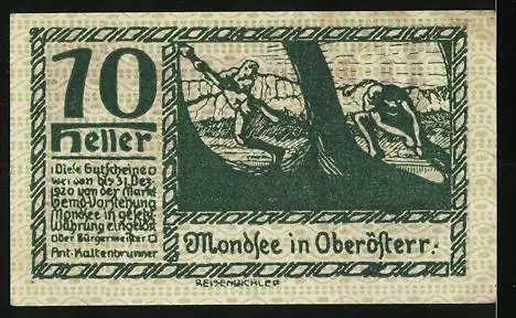 Notgeld Mondsee 1920, 10 Heller, Menschenmenge und Holzfäller-Motiv, mit Wappen