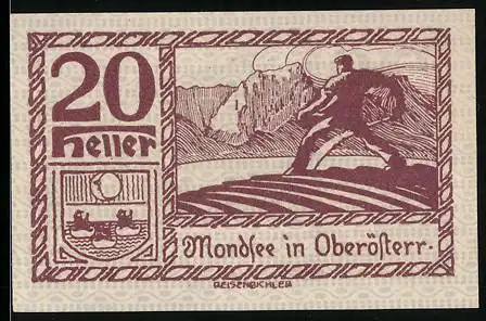 Notgeld Mondsee 1920, 20 Heller, Landschaft und Figur, mit Wappen