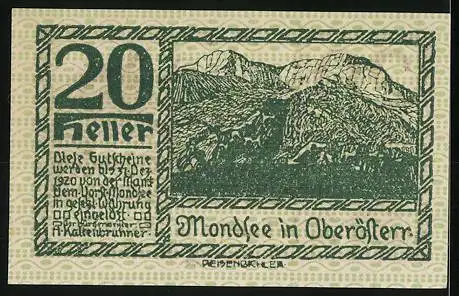 Notgeld Mondsee 1920, 20 Heller, Landschaft und Figur, mit Wappen