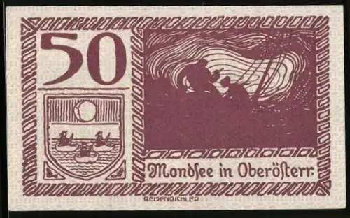 Notgeld Mondsee 1920, 50 Heller, nächtliche Szene und Landschaft mit Berg und Dorf, Wappen mit Schwänen