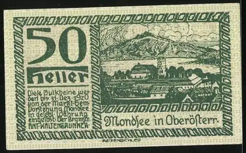 Notgeld Mondsee 1920, 50 Heller, nächtliche Szene und Landschaft mit Berg und Dorf, Wappen mit Schwänen