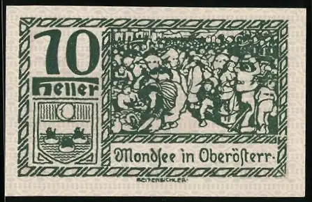 Notgeld Mondsee 1920, 10 Heller, Menschenmenge und Holzfäller am Seeufer, Wappen und Inschrift