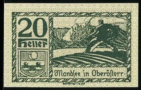 Notgeld Mondsee 1920, 20 Heller, Landschaft mit Bergsteiger und Gebirge, Wappen von Mondsee