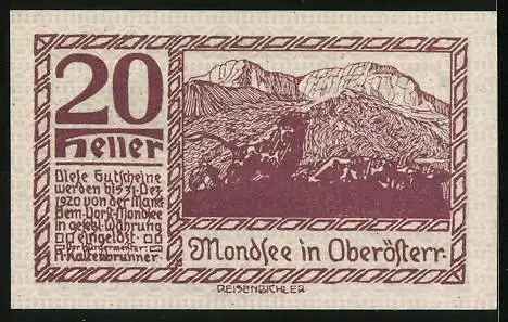 Notgeld Mondsee 1920, 20 Heller, Landschaft mit Bergsteiger und Gebirge, Wappen von Mondsee