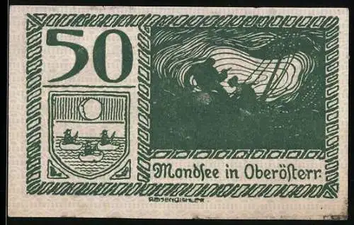 Notgeld Mondsee 1920, 50 Heller, Fischer und Dorflandschaft mit See und Bergen, Wappen