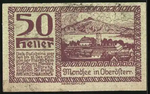 Notgeld Mondsee 1920, 50 Heller, Fischer und Dorflandschaft mit See und Bergen, Wappen