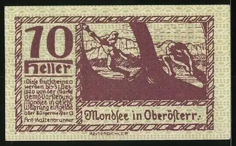 Notgeld Mondsee, 10 Heller, Szenen aus dem Leben in Oberösterreich, Wappen und Text inklusive