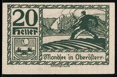 Notgeld Mondsee 1920, 20 Heller, Berglandschaft und Wanderer, Wappen