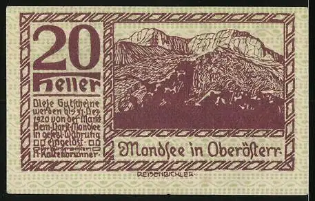 Notgeld Mondsee 1920, 20 Heller, Berglandschaft und Wanderer, Wappen