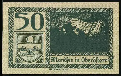 Notgeld Mondsee 1920, 50 Heller, Silhouette und Landschaft mit Berg und See, Wappen vorhanden