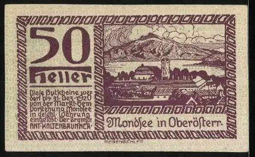 Notgeld Mondsee 1920, 50 Heller, Silhouette und Landschaft mit Berg und See, Wappen vorhanden