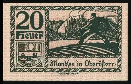 Notgeld Mondsee 1920, 20 Heller, Landschaft mit Bergen und Fluss, Mondsee in Oberösterreich