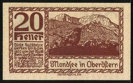 Notgeld Mondsee 1920, 20 Heller, Landschaft mit Bergen und Fluss, Mondsee in Oberösterreich