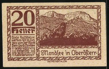 Notgeld Mondsee, 20 Heller, Landschaftsmotiv und Wanderer vor Bergkulisse, Wappen von Mondsee