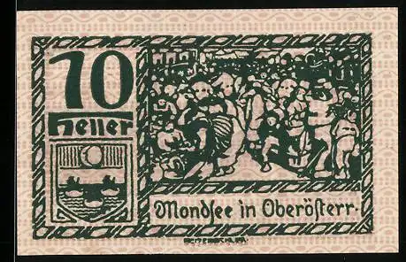 Notgeld Mondsee, 10 Heller, historische Szenen und Wappen von Mondsee in Oberösterreich