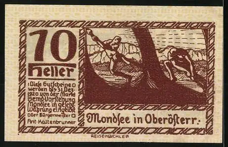 Notgeld Mondsee, 10 Heller, historische Szenen und Wappen von Mondsee in Oberösterreich