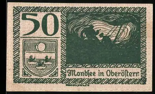 Notgeld Mondsee 1920, 50 Heller, Silhouetten und Landschaft mit See und Bergen, Wappen links