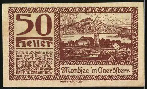 Notgeld Mondsee 1920, 50 Heller, Silhouetten und Landschaft mit See und Bergen, Wappen links