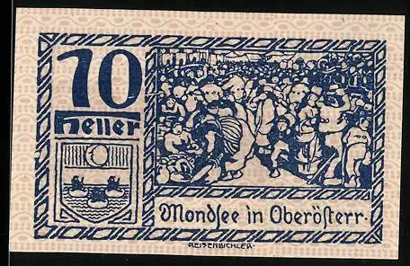 Notgeld Mondsee 1920, 10 Heller, Menschenmenge und Landschaftsszene, Wappen vorhanden