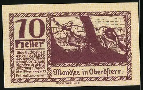 Notgeld Mondsee 1920, 10 Heller, Menschenmenge und Landschaftsszene, Wappen vorhanden