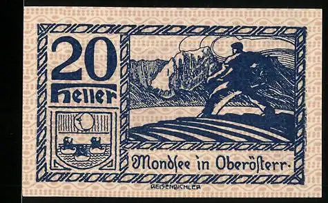 Notgeld Mondsee, 20 Heller, Landschaftsmotiv mit Bergsteiger und Bergpanorama, Wappen und Seriennummer