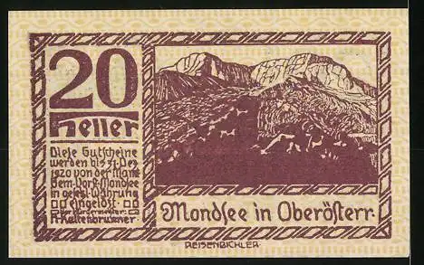 Notgeld Mondsee, 20 Heller, Landschaftsmotiv mit Bergsteiger und Bergpanorama, Wappen und Seriennummer