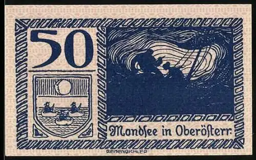 Notgeld Mondsee 1920, 50 Heller, Segelszene und Landschaft mit Gebäuden und Bergen, Wappen