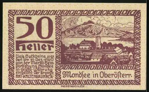 Notgeld Mondsee 1920, 50 Heller, Segelszene und Landschaft mit Gebäuden und Bergen, Wappen