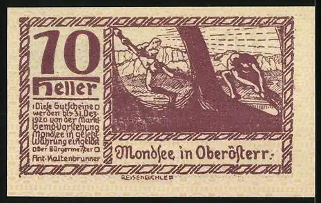 Notgeld Mondsee, 10 Heller, Menschenmenge und Holzfäller am Seeufer, Wappen