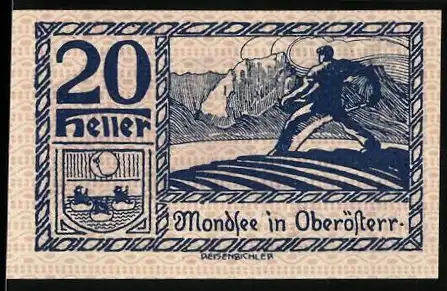 Notgeld Mondsee 1920, 20 Heller, Berglandschaft und Tänzer, Wappen unten links