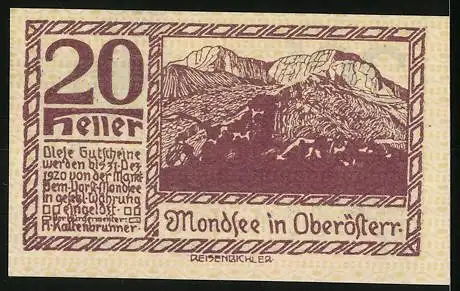 Notgeld Mondsee 1920, 20 Heller, Berglandschaft und Tänzer, Wappen unten links