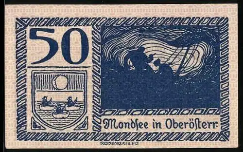 Notgeld Mondsee 1920, 50 Heller, Fischer bei Nacht und Stadtansicht mit See und Bergen im Hintergrund